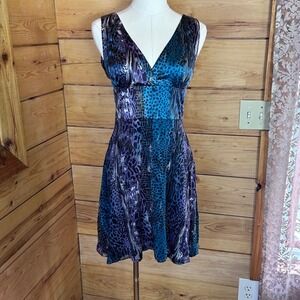 Vintage Silk Dress Women Medium Purple Teal Animal Print Metallic Foil Marciano